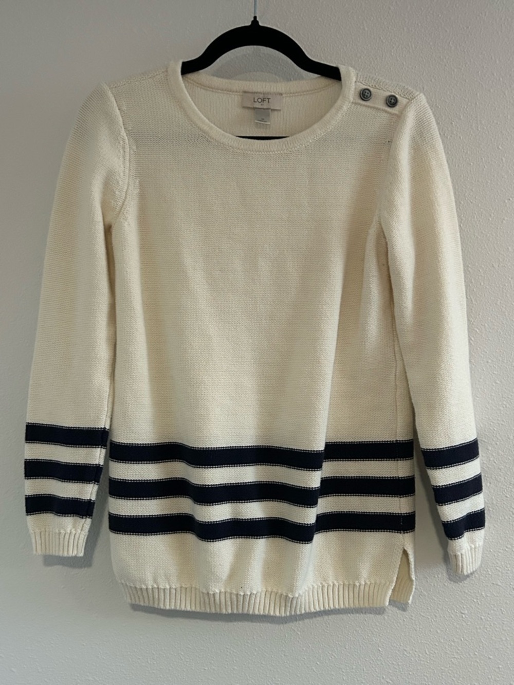 LOFT Cream and Navy Striped Button-Shoulder Crewneck Sweater